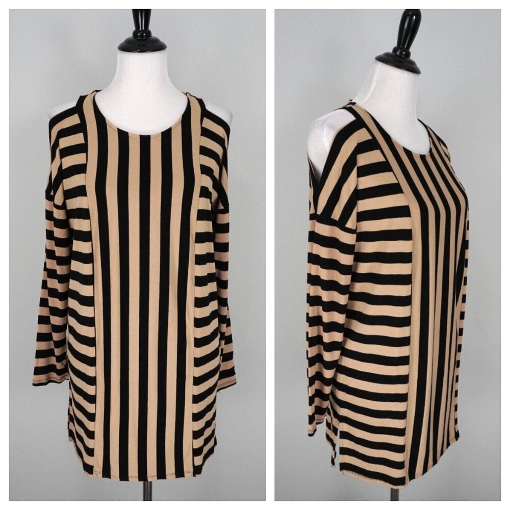 CHICOS Tan Brown Black Striped Long Sleeve Open Shoulder Long Tunic Top 0 US 4